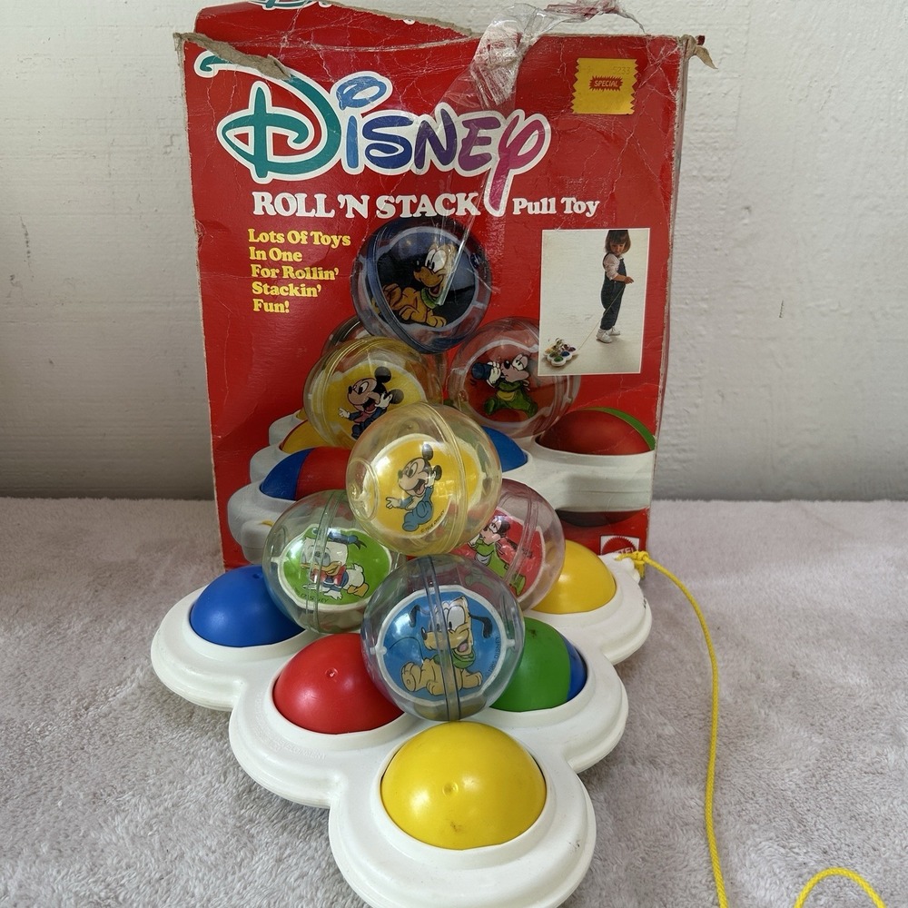Vintage 1985 Mattel Disney Baby Roll N Stack Pull Toy Complete W/box Hard 2 Find